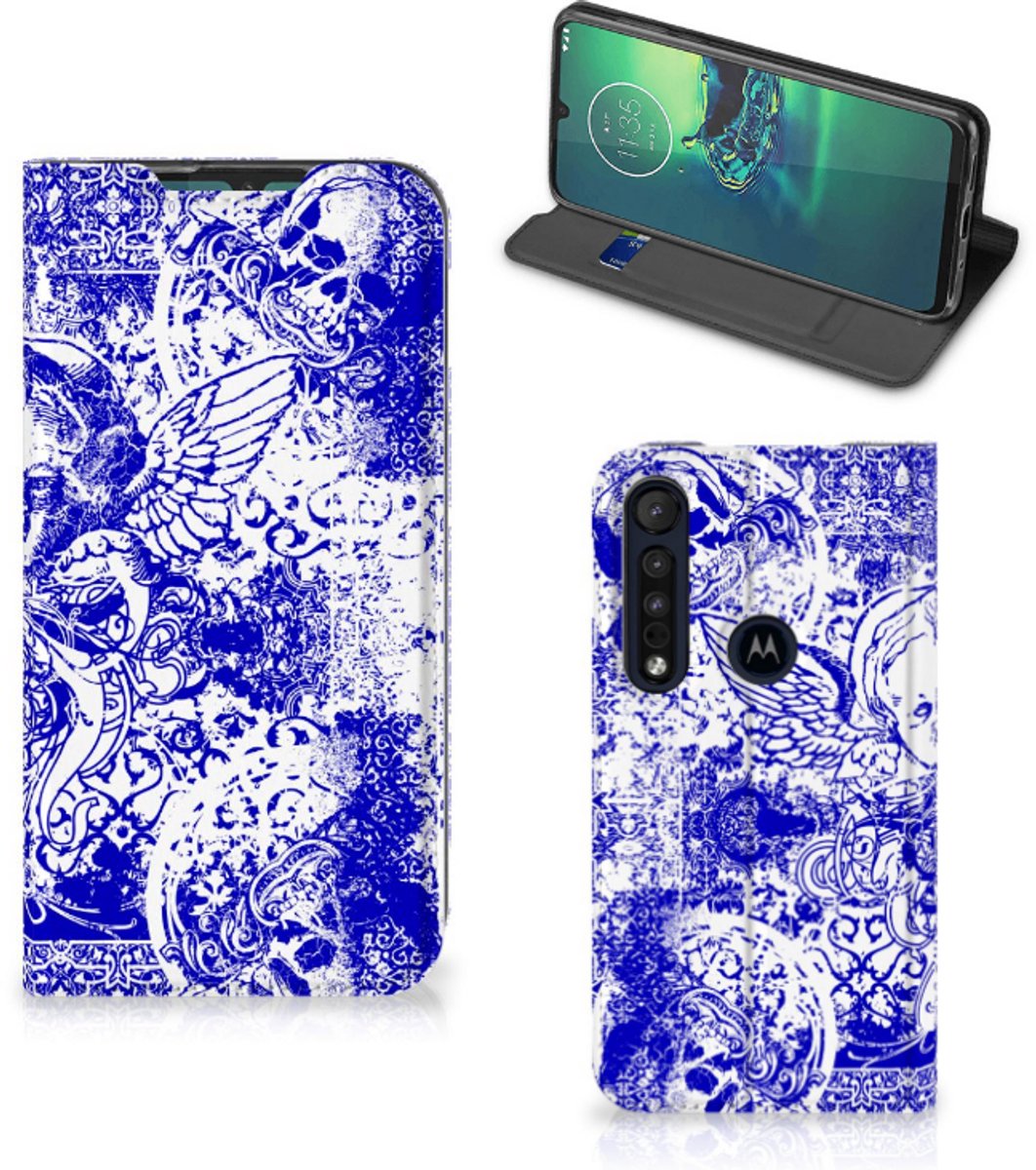 Mobiel BookCase Motorola G8 Plus Angel Skull Blauw