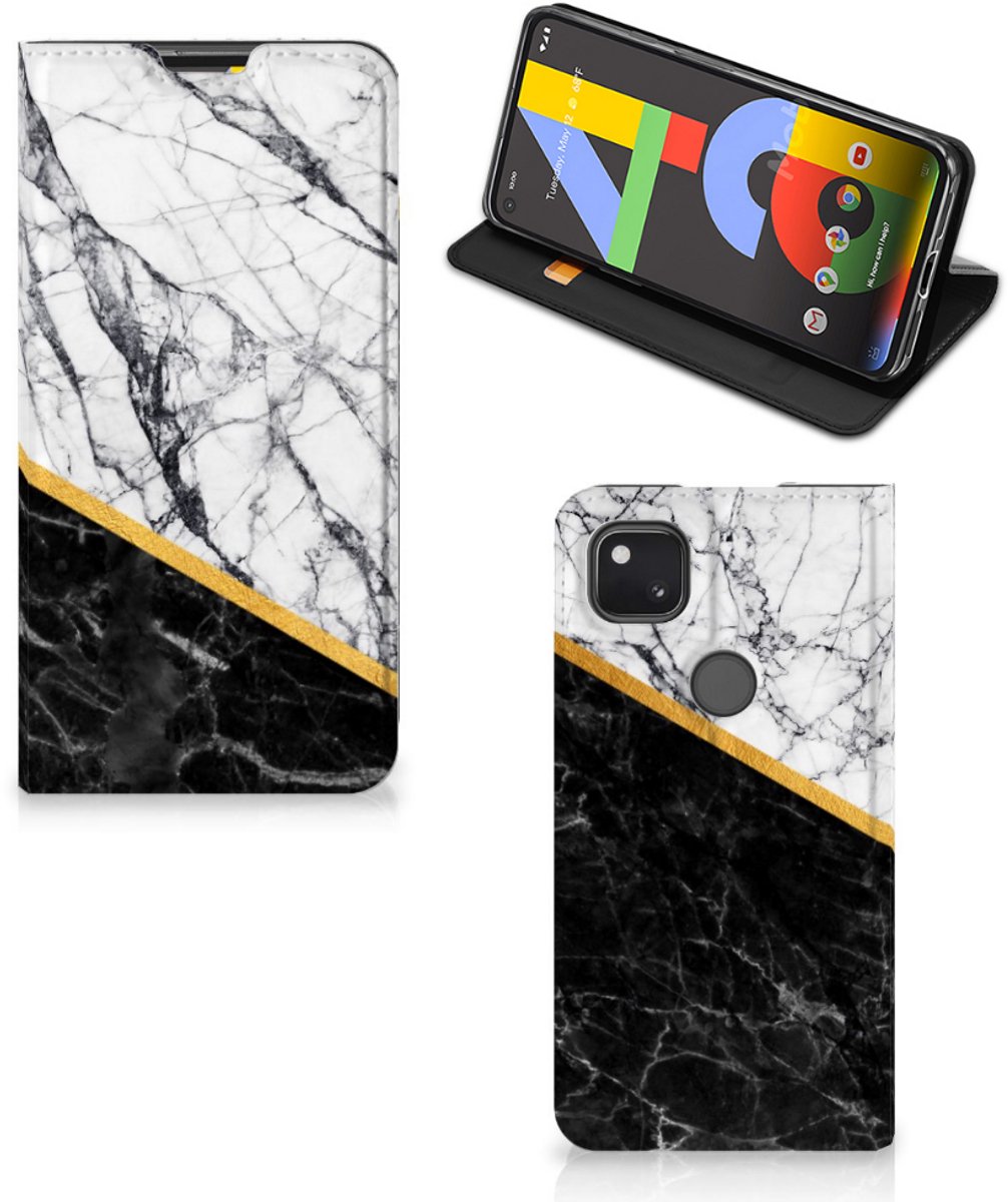 Google Pixel 4a Standcase Marmer Wit Zwart - Origineel Cadeau Man