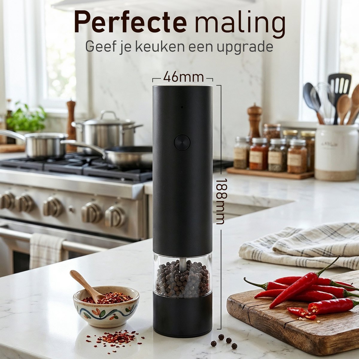 VAYN Elektrische Peper en Zoutmolen Set - Automatische Pepermolen met Instelbare Maalgraad - USB-C Oplaadbaar - 2 Stuks met Houder - Zwart — cadeau in Kookcadeaus - foto 2