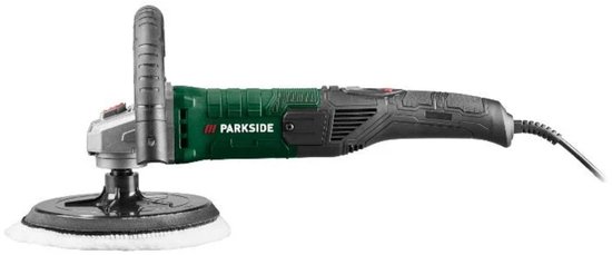 Parkside haakse polijstmachine met groen en zwart handvat. Zwarte schijf met witte polijstpad.