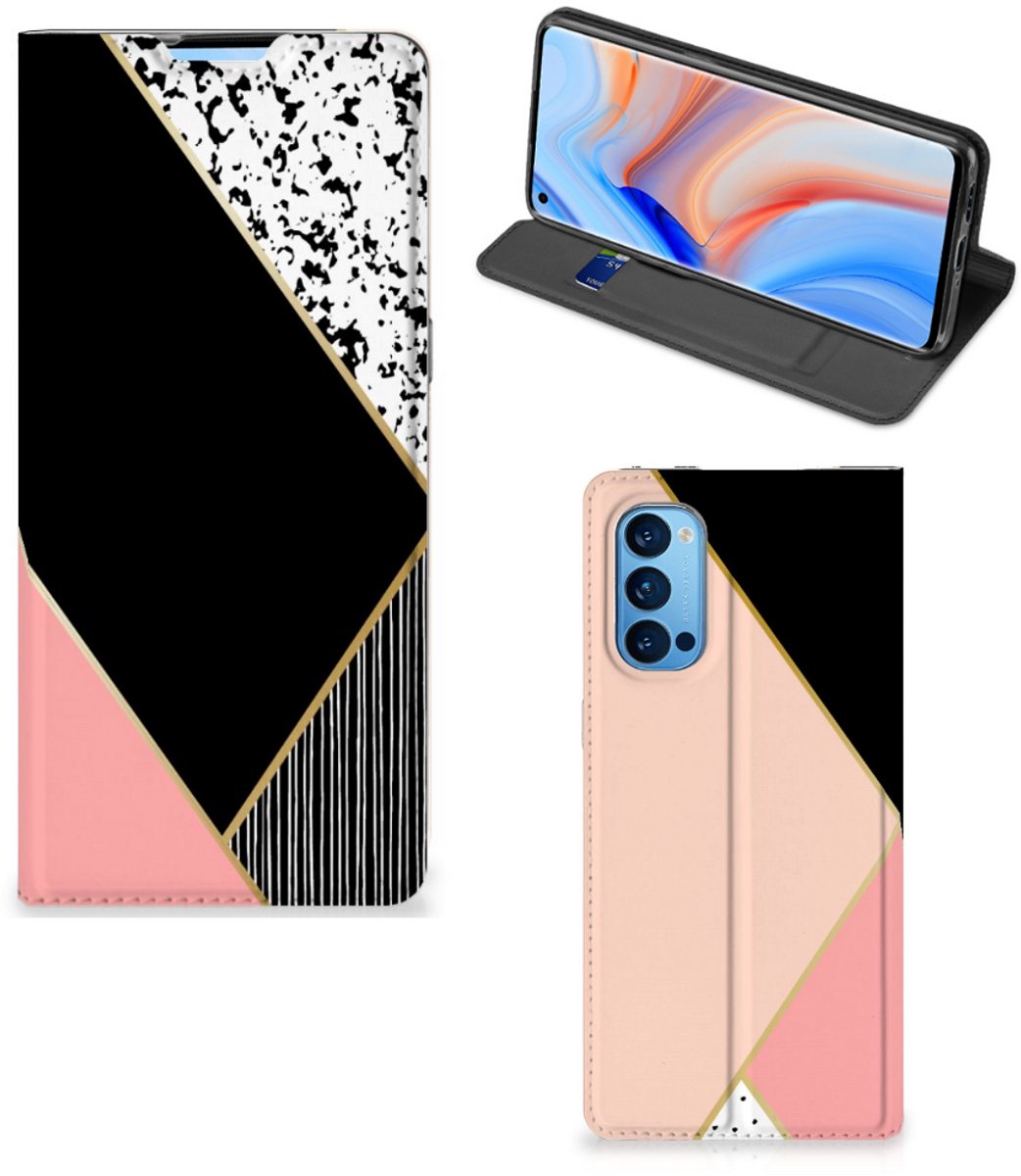 OPPO Reno4 Pro 5G Stand Case Zwart Roze Vormen