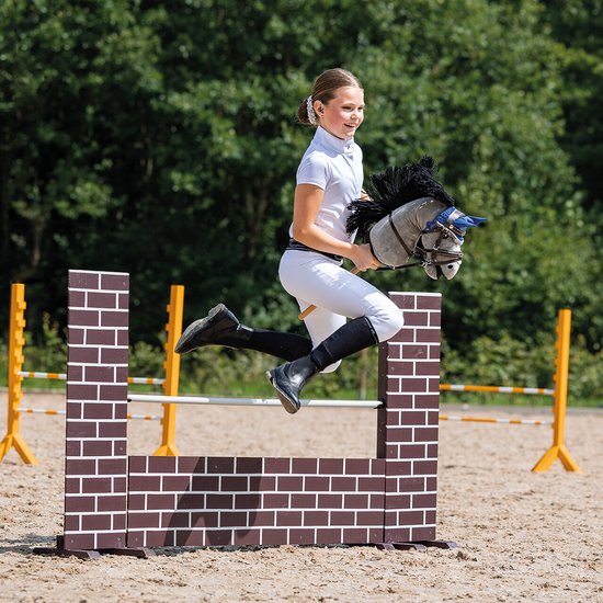 Meisje in rijbroek springt over bruine hindernis met grijze hobbyhorse met blauwe strik.