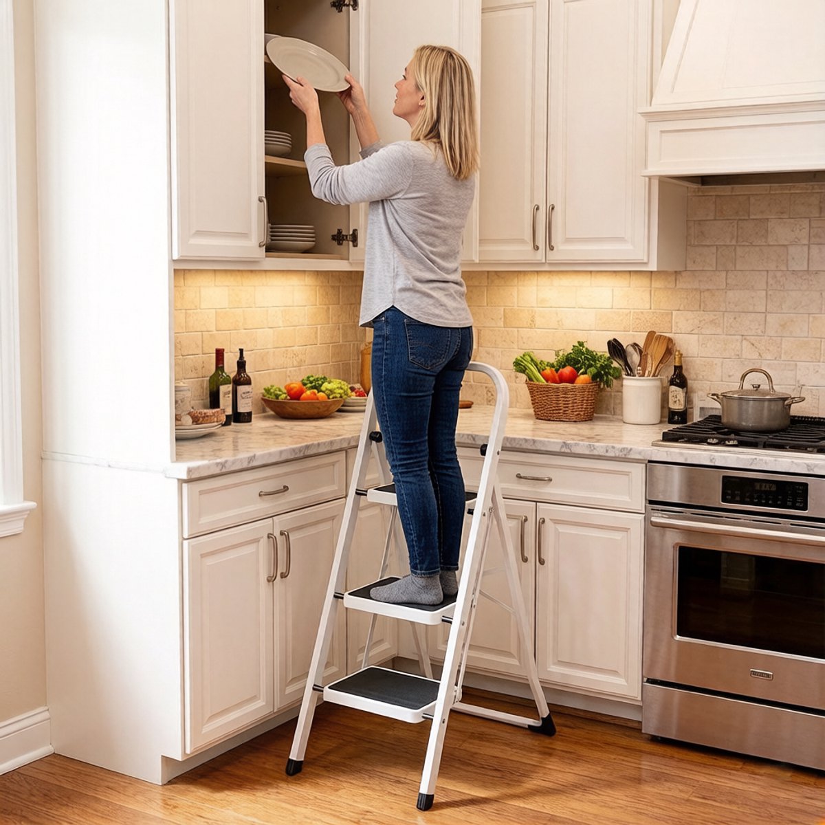 Hoppa! Keukentrapje / Huishoudtrapje - 3-Treden Ladder - Vouwladder - Sportbreedte 20 cm - Antislip Rubber - Draagvermogen 150 kg - Staal - GS-gecertificeerd - Zwart en Wit – foto 6
