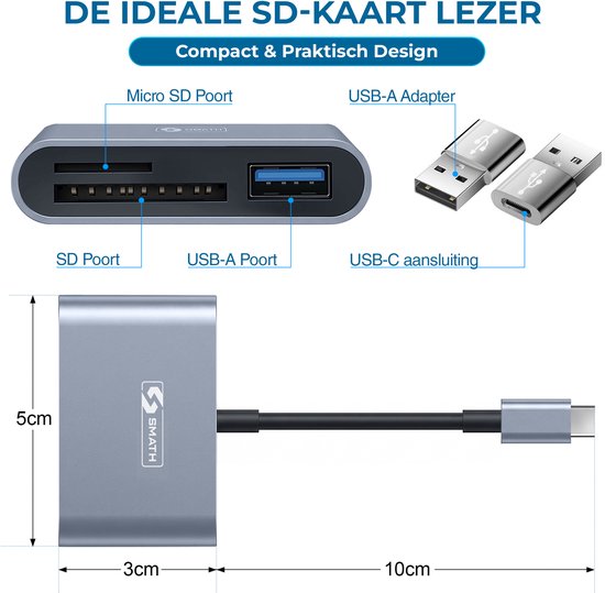 Smath® SD Kaart Lezer 3 in 1 - Micro SD en TF Card Reader - Geheugenkaartlezer USB C - Inclusief USB C naar USB A Converter - Geschikt voor Macbook Air en Pro - Windows - Universeel - Aluminium
