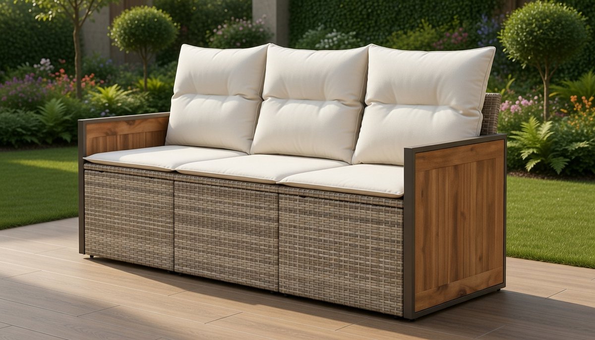 3-delige Tuin Loungeset met Kussens – Beige Polyrotan Buitenmeubelen – Comfortabele Tuinbankset voor Terras, Balkon & Achtertuin – Weerbestendig en Opbergfunctie | MedahomeStore