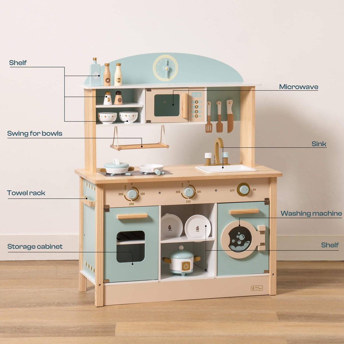 Robotime - ROBUD Houten Moderne Speelkeuken - Luchtblauw - Speelset met Volledige Accessoires - Voor Peuters 3+ — afbeelding 13