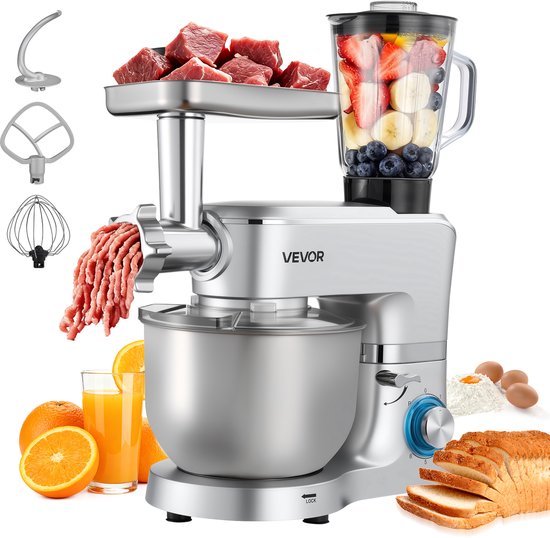 VEVOR Multifunctionele Elektrische Keukenmachine 1500W met Roestvrijstalen Kom (6 L) en Mengkom (1,5 L), Deegmixer met 6+P Snelheden, Deeghaak, Garde en Klopper