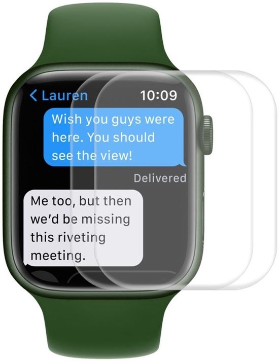 Groene smartwatch met berichtenscherm, beschermfolie is zichtbaar.
