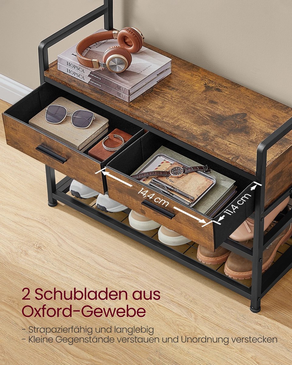 Joorly Kapstok met Schoenenkast - Kapstok met bank - Kledingrek - Schoenenrek - 9 haken - bovenste plank - voor hal - slaapkamer - industrieel design - vintage bruin - zwart – foto 4