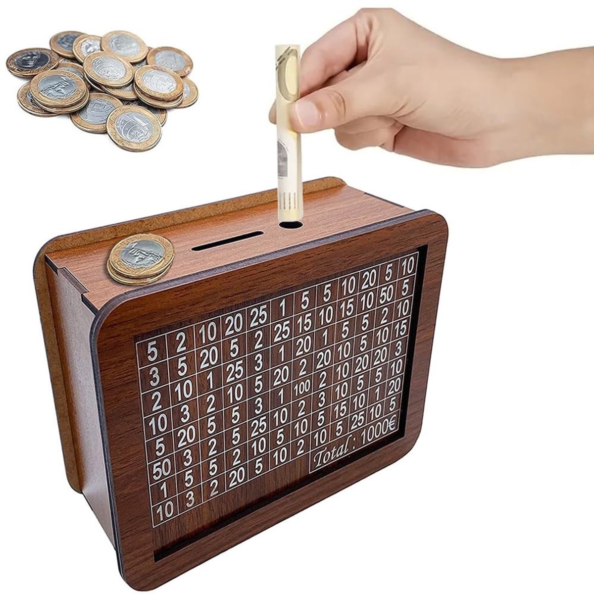 Zeynomax - Spaarpot van hout - Herbruikbare spaarpot - Bruin - Retro spaarvarken - Spaarpot met spaardoel - Geschikt voor kinderen - 17 x 12,5 x 6,7 c