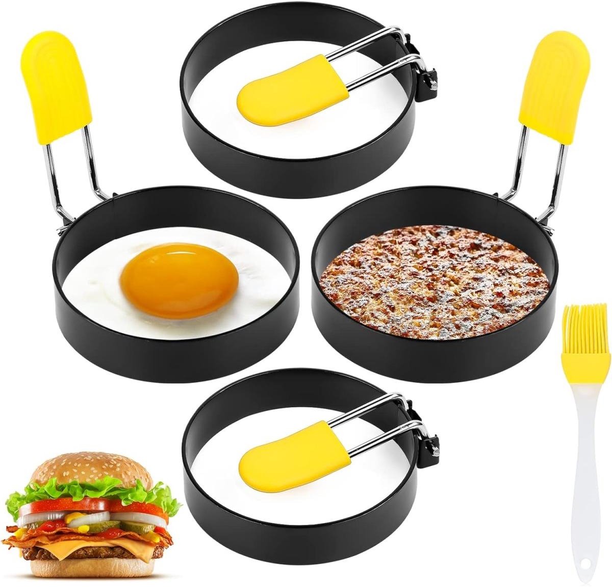 TOVBMUP Ei Ringen set - Eierring - 4 stuks eierringen met antiaanbaklaag - Fried Egg Mold - ronde pannenkoekvorm - Pancake vorm set - Pannenkoekjes maker - eierringen met antiaanbaklaag - gebakken eiervorm met handvat - stalen gebakken eiervorm