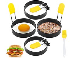TOVBMUP Ei Ringen set - Eierring - 4 stuks eierringen met antiaanbaklaag - Fried Egg Mold - ronde pannenkoekvorm - Pancake vorm set - Pannenkoekjes maker - eierringen met antiaanbaklaag - gebakken eiervorm met handvat - stalen gebakken eiervorm