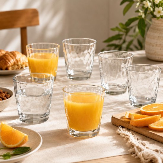 Cinq verres à motif ondulé, dont un rempli de jus d'orange. Table de petit-déjeuner avec fruits et croissants.