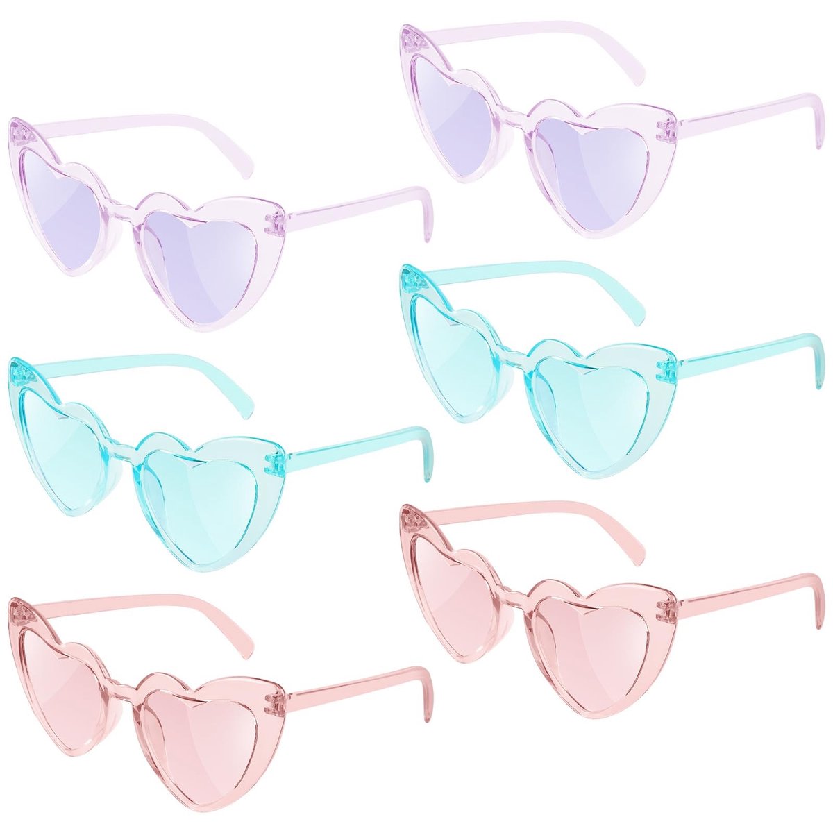 Dailygoods - Hartvormige Zonnebrillen - Retro Vintage - Modieus en Comfortabel - Blauw Paars Roze - Geschikt voor Dames en Kinderen - 6 Stuks
