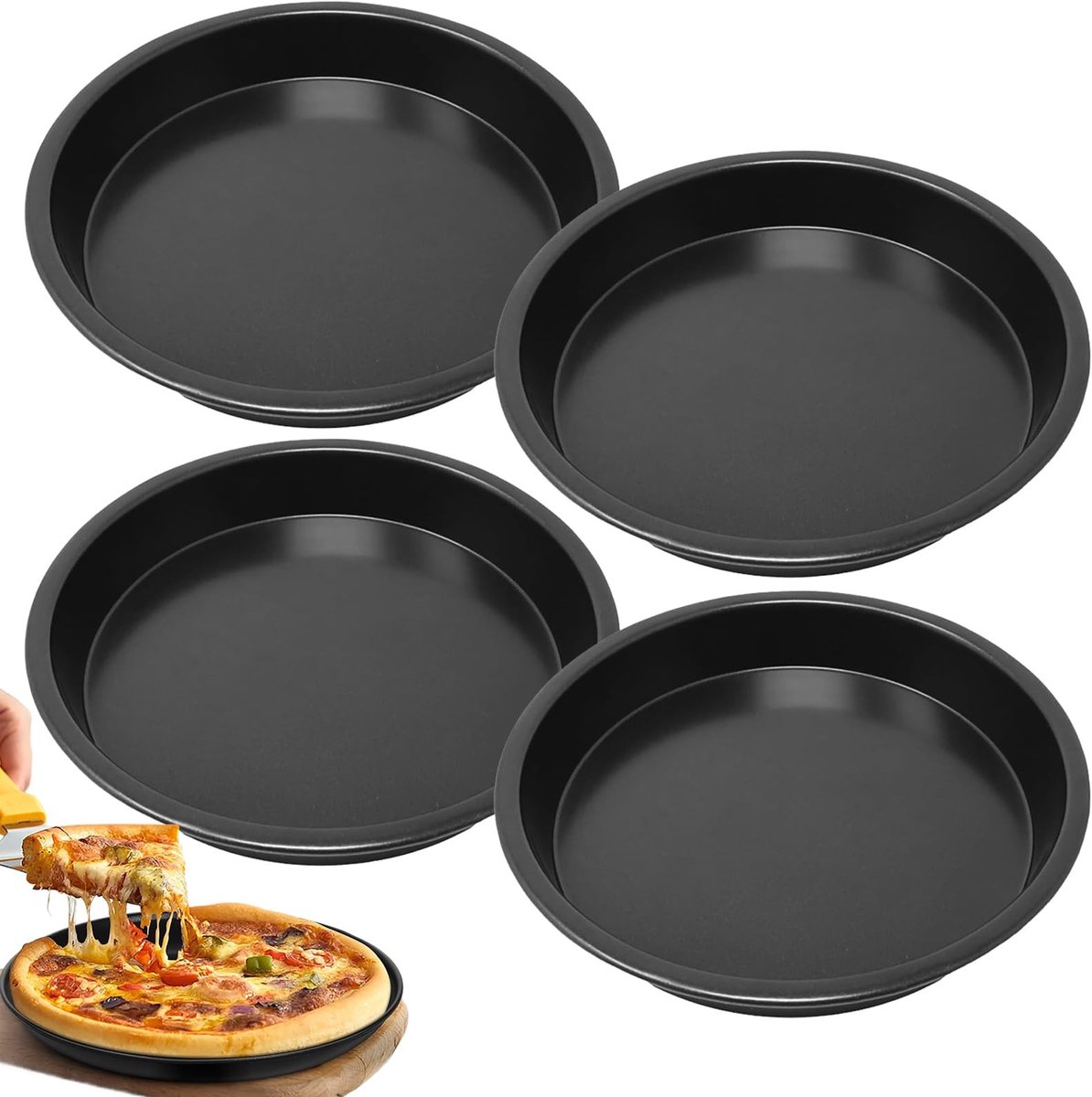 Dailygoods - Pizzaplaat Set van 4 - Antiaanbaklaag - Zwarte Ronde Bakplaat - 18 cm - Voor Pizza Flammkuchen Cake - Gelijkmatige Warmte