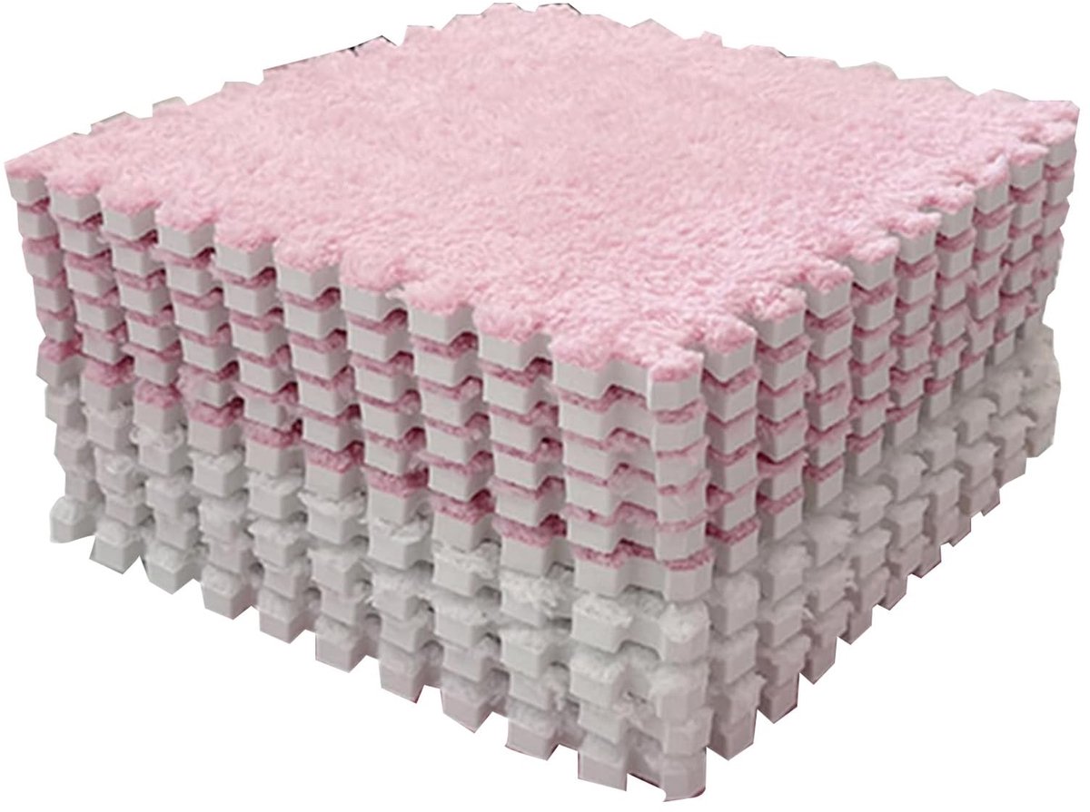 Jhubersproducts - Kleurblokkerende Pluche Schuim Vloermat - Zacht en Veilig Tapijt - Roze Wit - Knipbare Puzzelmat - Voor Baby's Kruipplezier - 10 Stu