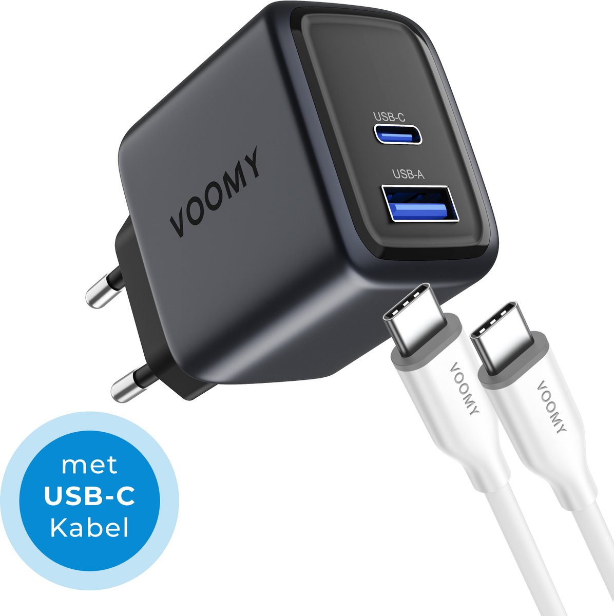 Voomy USB C Adapter 35W - Oplader - Snellader met Oplaadkabel - USB C Lader - Universeel - 1 USB-C & 1 USB-A Poort - Geschikt voor Laptop, telefoon, tablets en meer - Space Grey