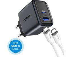 Voomy USB C Adapter 35W - Oplader - Snellader met Oplaadkabel - USB C Lader - Universeel - 1 USB-C & 1 USB-A Poort - Geschikt voor Laptop, telefoon, tablets en meer - Space Grey