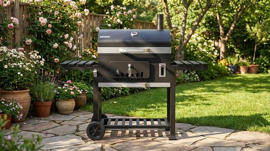Houtskool BBQ Grillwagen XXL - Staande Barbecue met Deksel & Thermometer, 2-in-1 Grill & Smoker, In Hoogte Verstelbare Kolenbak, Gietijzeren Rooster, Warmhoudrooster, Zijtafels & Accessoires - House&Garden Pro BBQ Station XXL - 153x73x137 cm (Zwart) — afbeelding 3