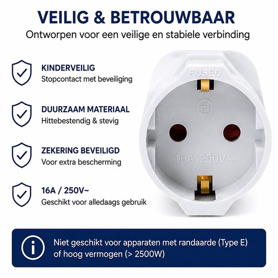 Witte, geaarde stekkeradapter, 16A 250V~, met kinderbeveiliging en zekering.