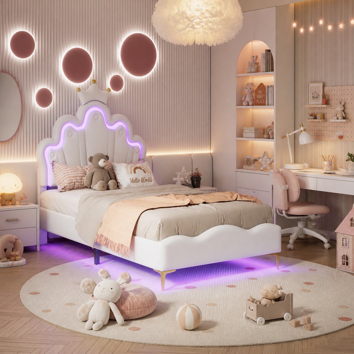 MEXUS Gestoffeerd meisjesbed van 90x190 cm - Kunstleer PU met LED-lichtstrip, verstelbaar hoofdeinde en gestreept bedframe, meisjesbed, matras niet inbegrepen, Wit