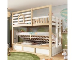 Stapelbed 90x200 cm - kinderbed - huisstijl - met raam - hydraulische opbergruimte - wit en houtkleur - zonder matras