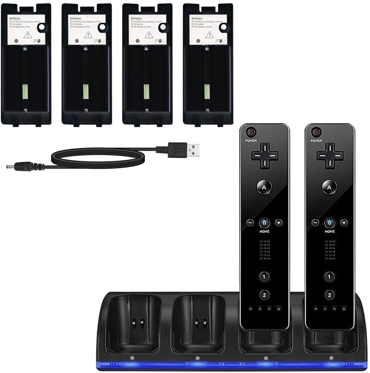 Dailygoods - Wii-laadstation - 4-in-1 laadstation - Zwart - Oplaadbare batterijen - Geschikt voor Wii-afstandsbediening - Inclusief 4 batterijpakkette
