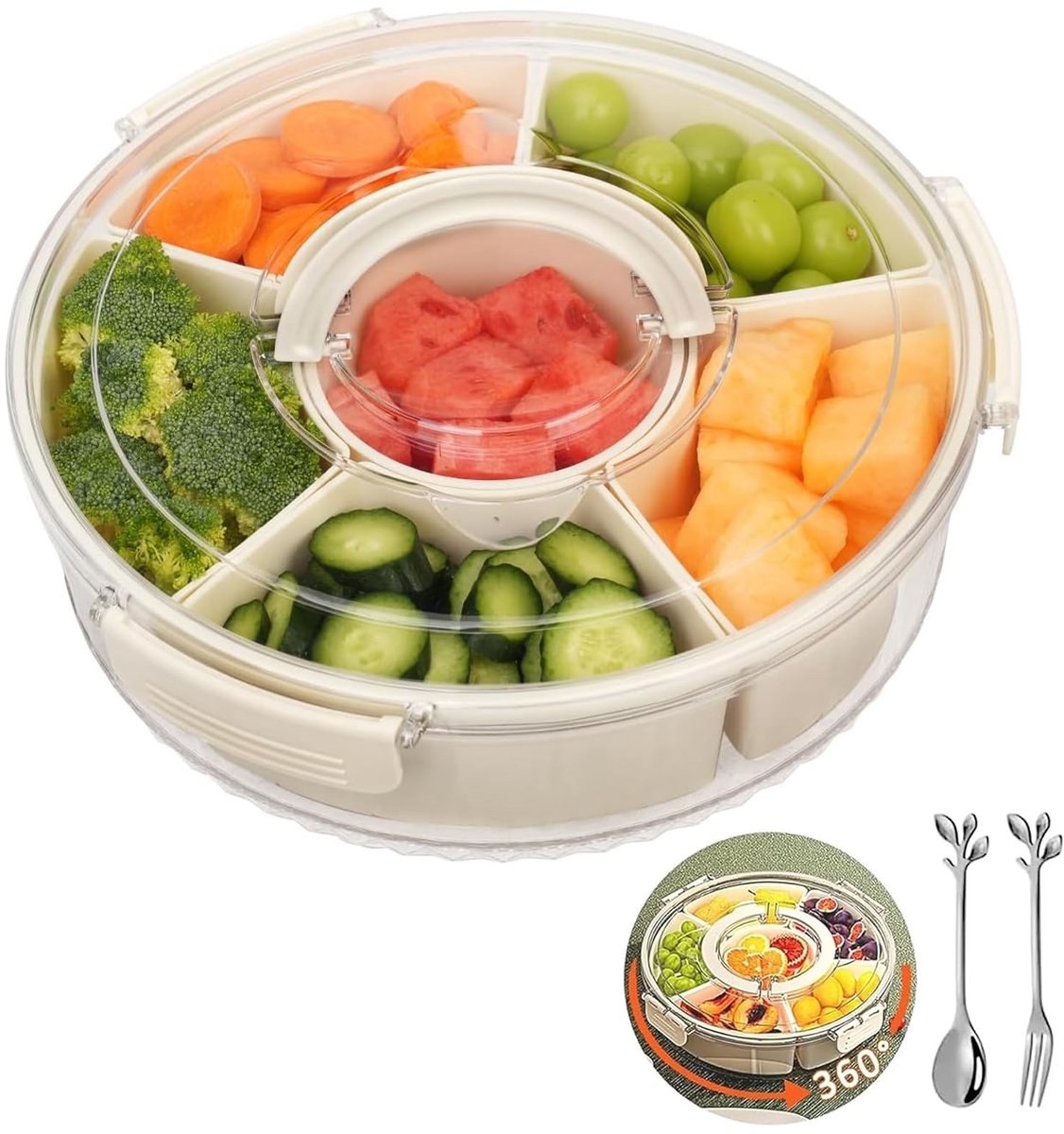 Dailygoods - Snackbox met deksel - 360° draaibare picknickbox - Beige - Snackbox Organizer - Geschikt voor keuken en picknick