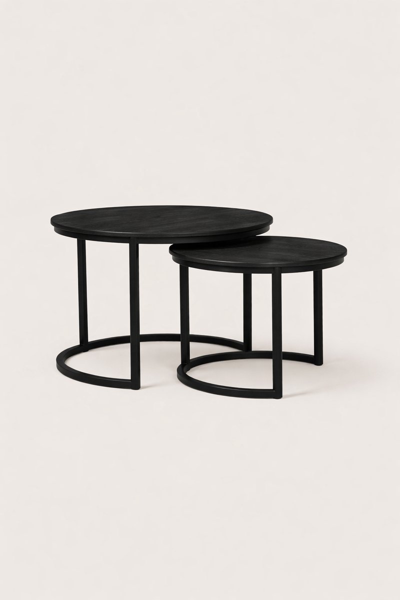 Salontafel Set van 2 Mangohout – Rond – Zwart – Industrieel