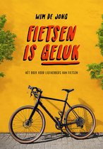 Boek "Fietsen is Geluk" door Wim de Jong, met een paarse fiets op een gele muur.