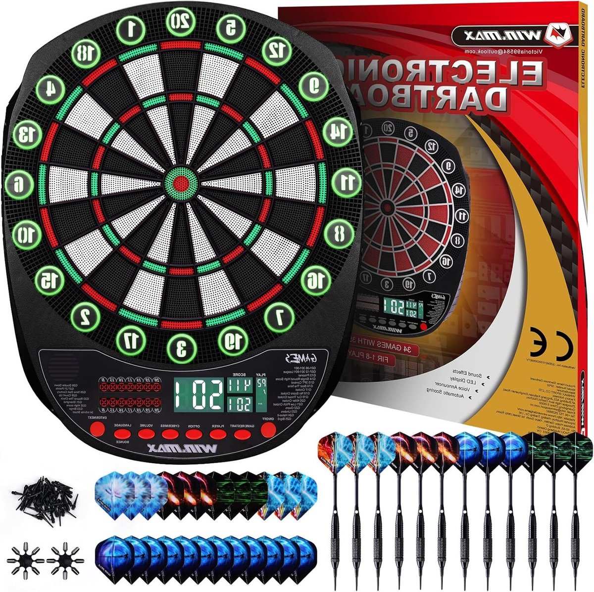 Professionele elektronische dartbord set met 34 spellen en 354 varianten voor 1 tot 8 spelers, inclusief 12 darts en meertalige ondersteuning