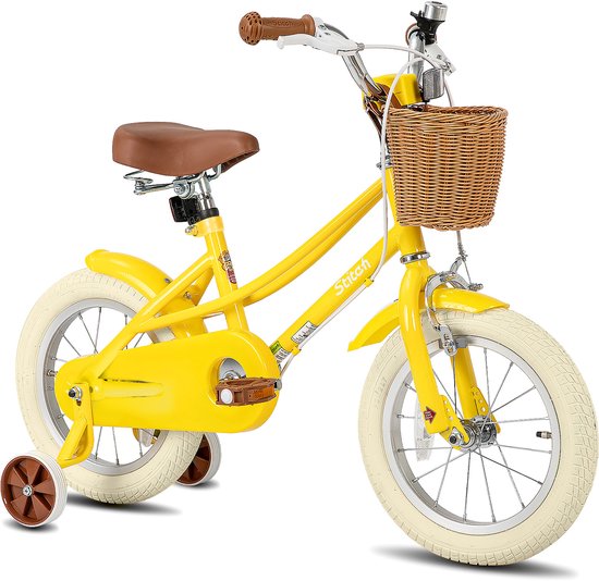 Gele kinderfiets met bruine mand en zadel, en crèmekleurige banden.