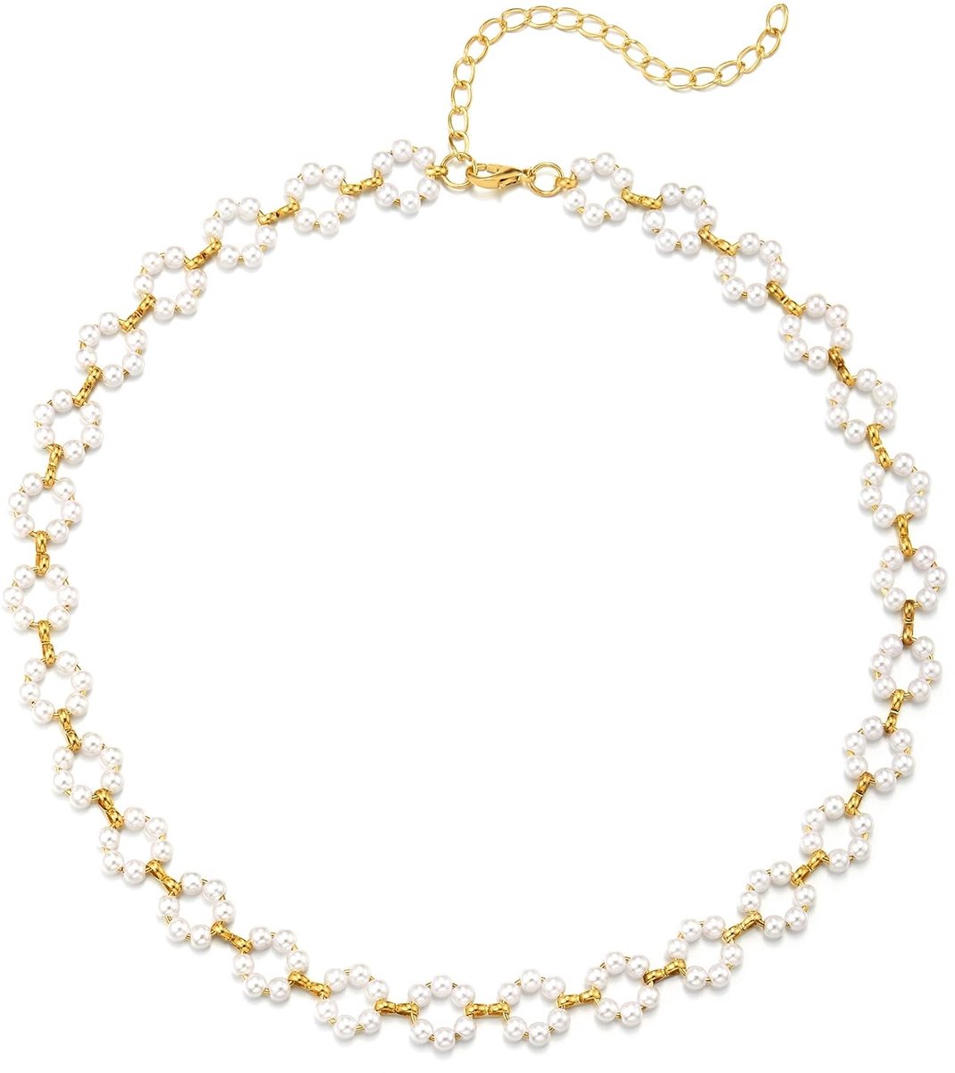 Golden crown - Witte gevlochten choker - Statement-halsband - Goudkleurig - Sieraden met parels en bloemen - Voor dames - 46 cm