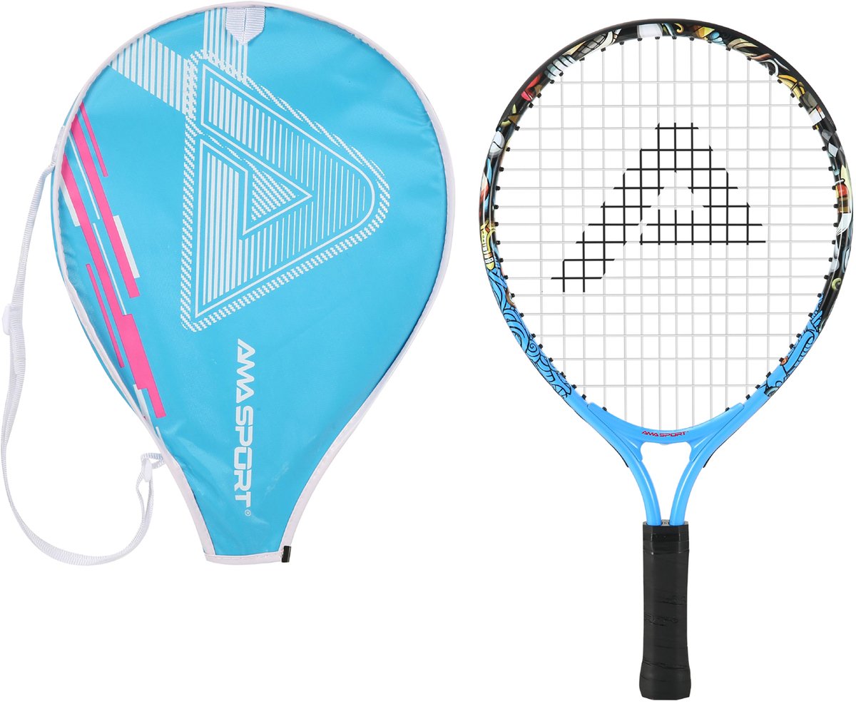 Kinder Tennisracket Graffiti Blauw 19 inch – Lichtgewicht Junior Racket met Tas – Ideaal voor Beginners – AMA Sport