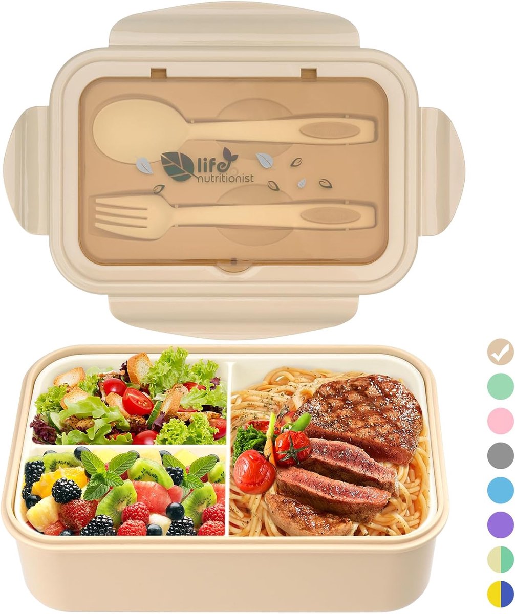 Lunchdoos, Bento Box, Lunchdoos met 3 compartimenten en bestek, Lekbestendig, Koelkast, Vaatwasmachine kluis, Magnetronkluis, Lunchdozen voor school, Werk, Picknick, Reizen