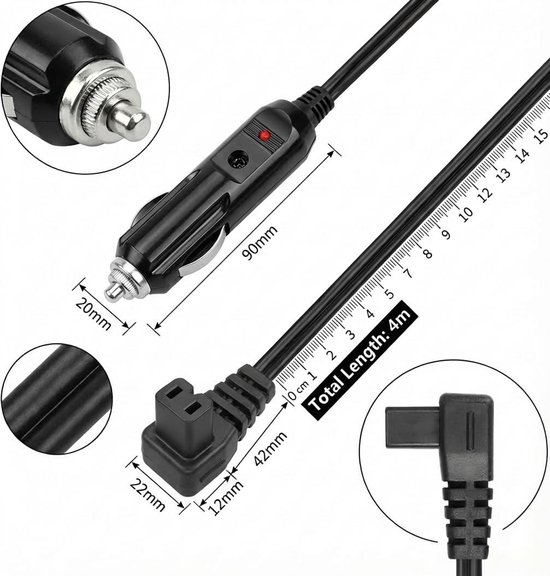 Koelkast Kabel - Stroomkabel Auto - Voeding Onderweg - 12 Volt Aansluiting - 4 Meter Lengte - Zwart — afbeelding 2