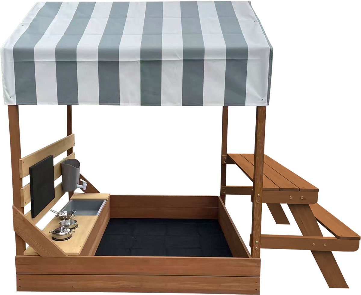 AXI Bo Zandbak & Speelhuisje 159 x 105 cm met Speelkeuken en Picknicktafel Bruin – FSC hout – Met Krijtbord en 6-delig Zandbak Accessoireset – Inclusief afdekzeil en gronddoek – 10 jaar garantie — afbeelding 3