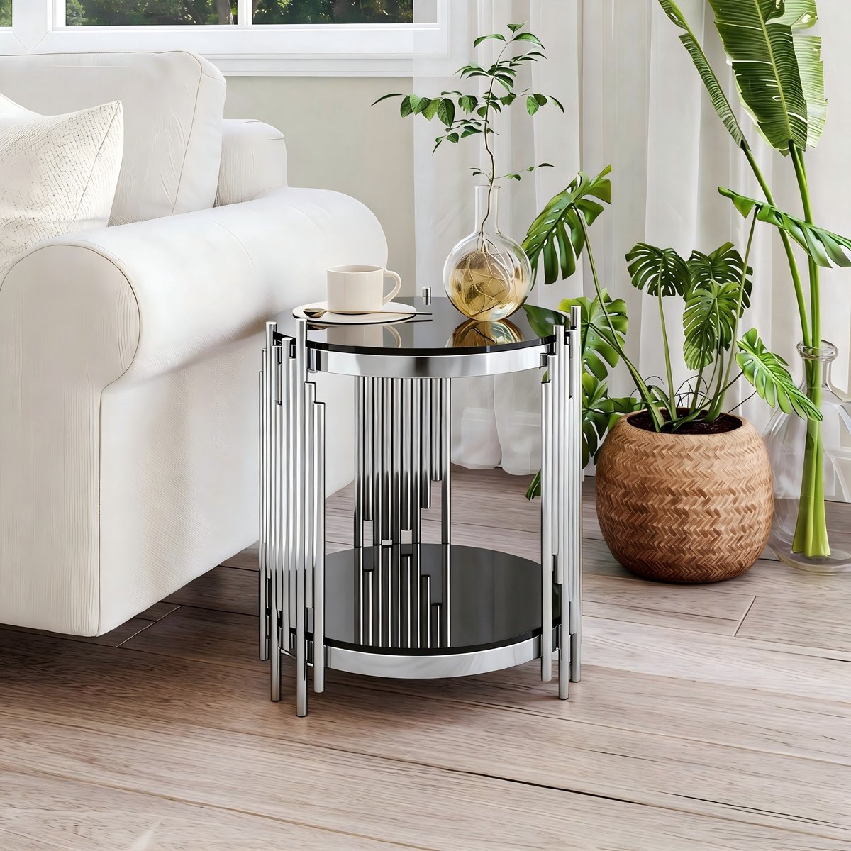 PHOEBE CAT Salontafel - Ronde bijzettafel - Ø 45 cm - Glazen blad - Metalen frame - Zwart + Zilver