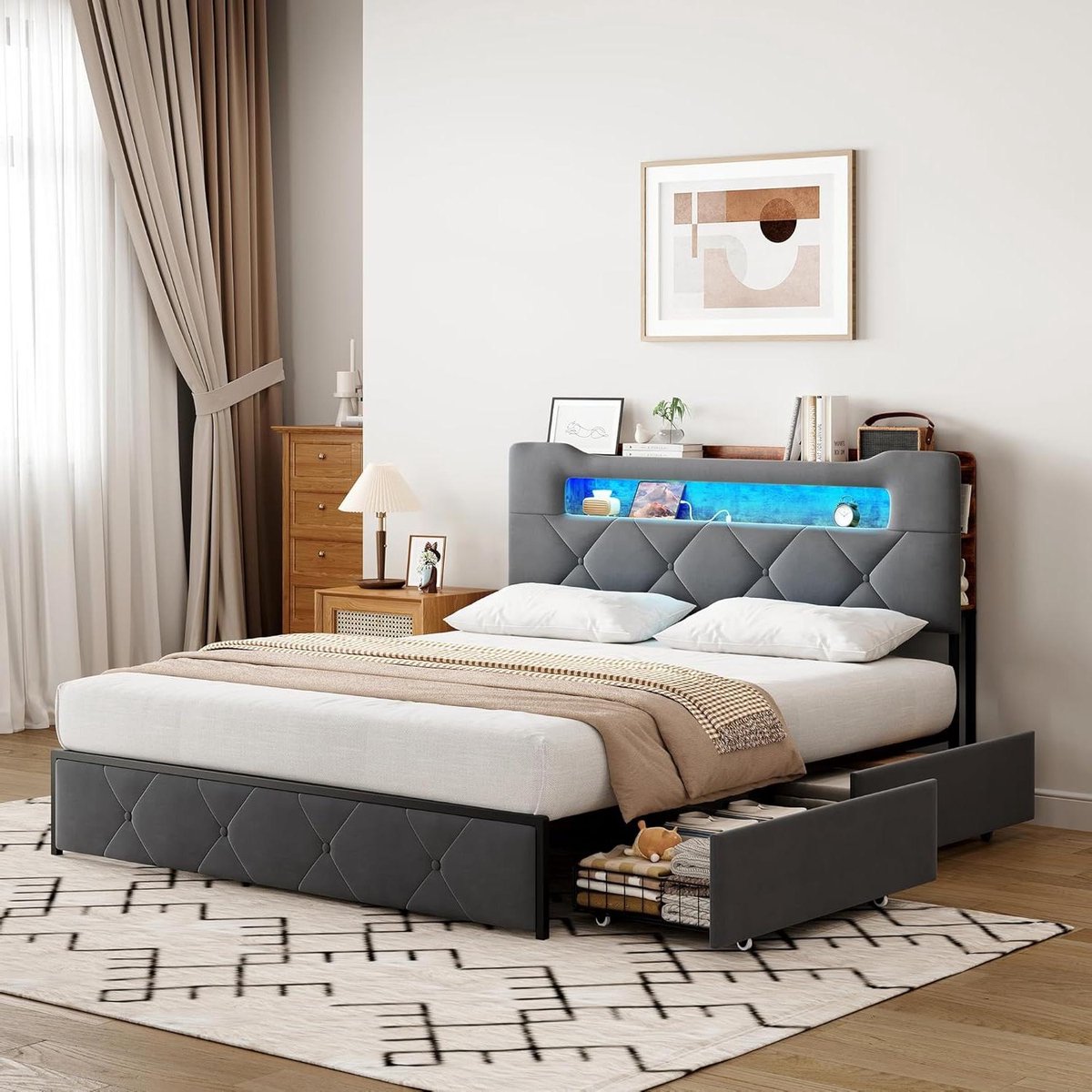Gestoffeerd Bed - Tweepersoonsbed met Opbergruimte - Slaapkamer Organisatie - Geïntegreerd Laadstation - 140 x 200 cm - Grijs
