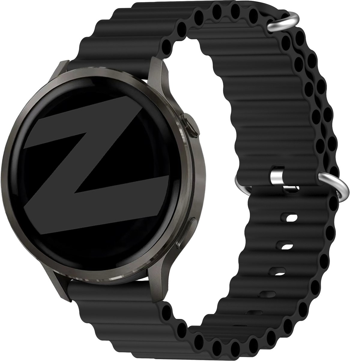 Bandz Ocean 'Classic' siliconen bandje geschikt voor Garmin Vivoactive 6 / 5 / 3 / Vivomove / 3 / HR / Style / Luxe / Sport / Trend / Forerunner 645 / 570 / 245 / 165 / 55 / Venu / SQ / SQ2 / 2 Plus / Approach S12 / S40 / S42 / S44 / S50 - Zwart