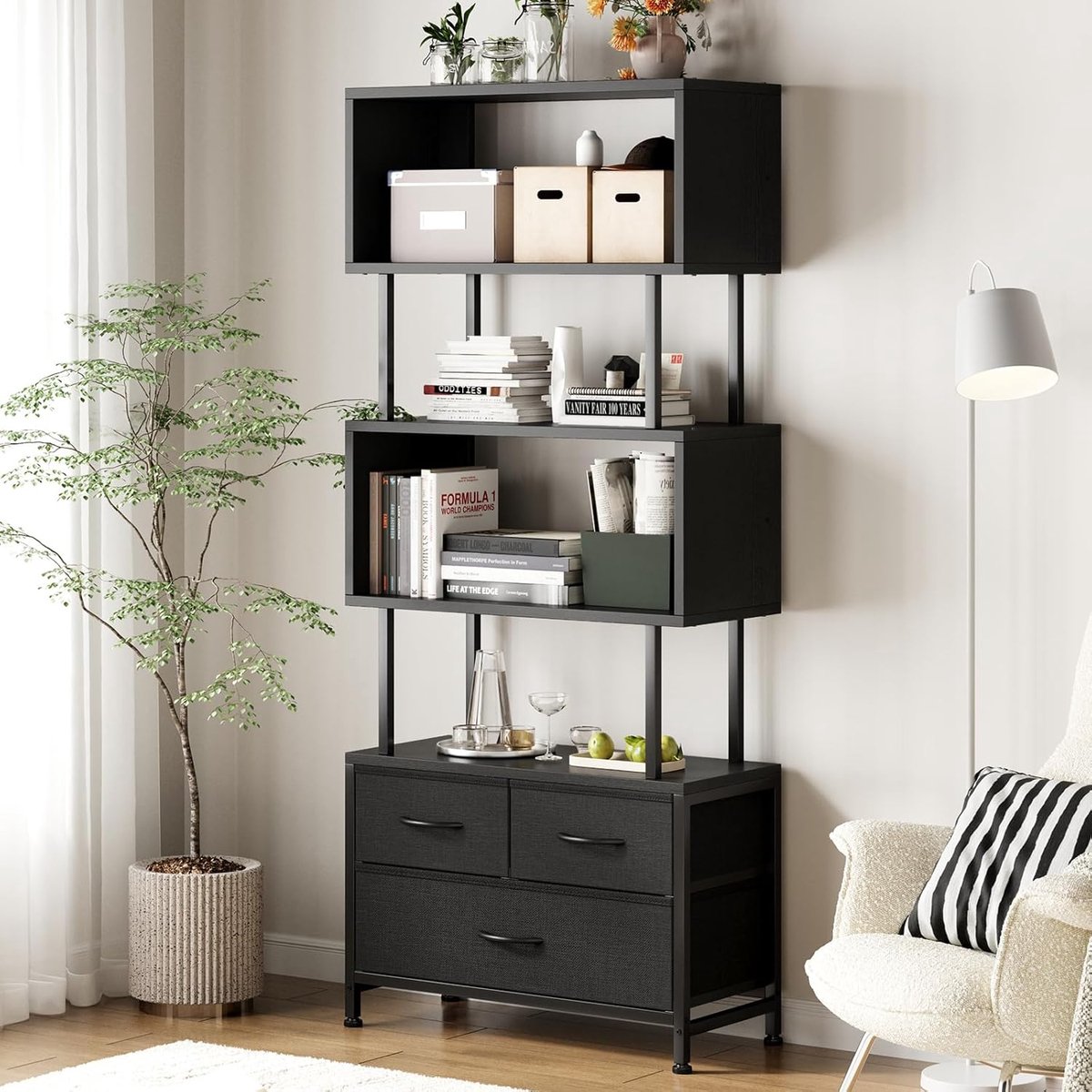 HOMESY Boekenkast, rek met 5 etages, staand rek met 3 stoffen laden, smalle plank, geschikt voor slaapkamer, kantoor, woonkamer, keuken, 60 x 24 x 155 cm, zwart