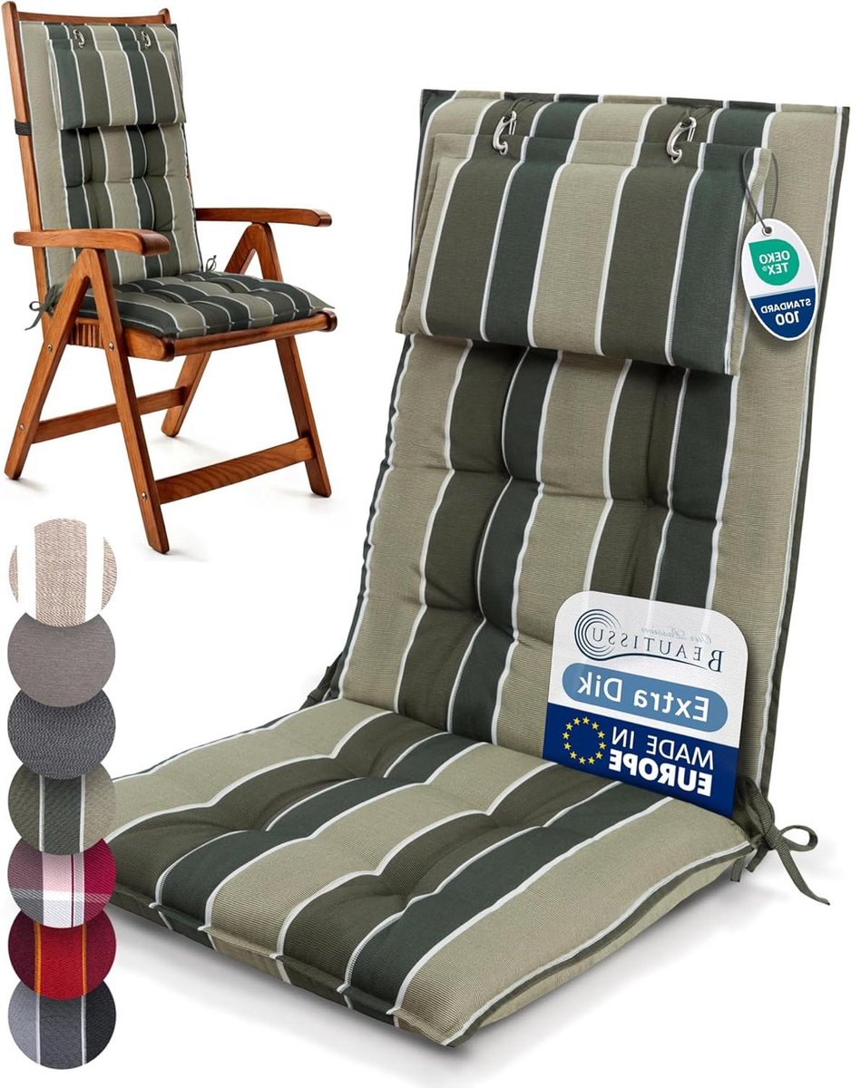 Hoge Rugleuning Kussen - Tuinstoel Kussen - Comfortabel Zitten - Afneembaar Hoofdkussen - 120x50 cm - Groen Gestreept
