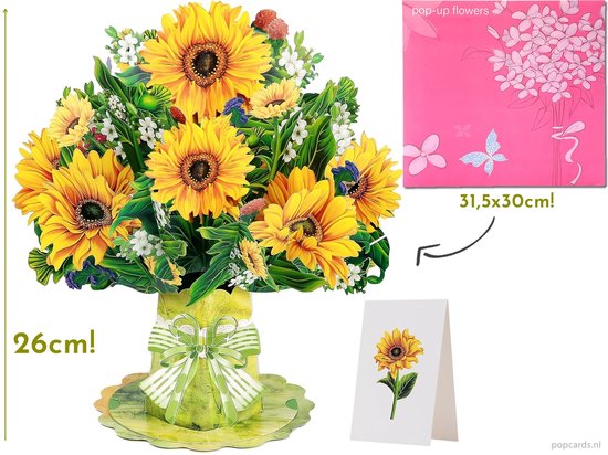 Popcards megagrote pop-up kaart - Boeket Zonnebloemen in Vaas | Supergrote wenskaart 3D kaart Bloemen
