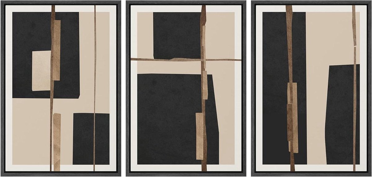 Canvas Wanddecoratie Set - Abstracte Kunst Prints - Woonkamer Inrichten - Industrieel Ingelijst Canvas - 3x 16x24 Inch - Zwart
