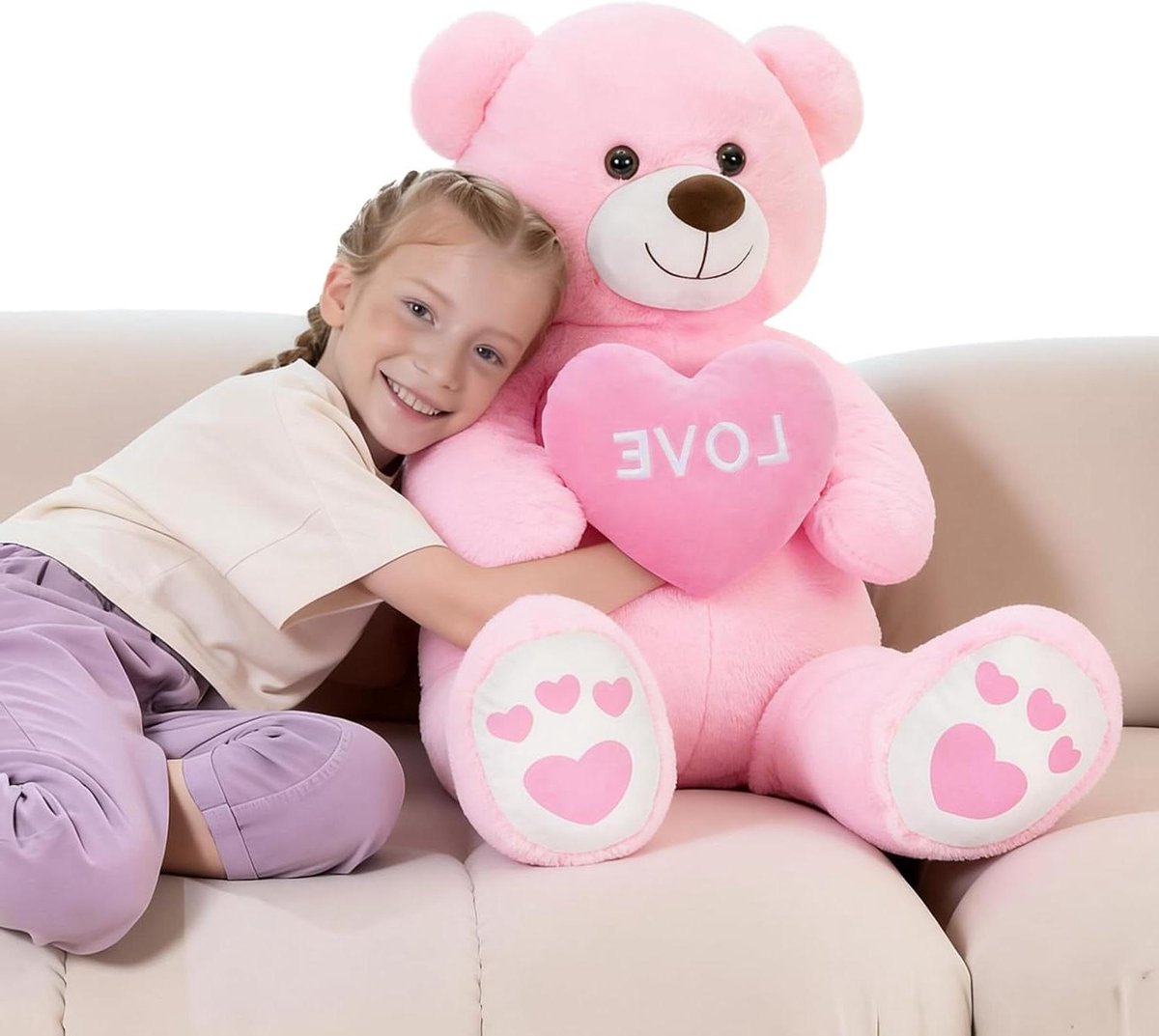Grote Pluche Beer - XXL Knuffel - Troost en Gezelschap - Met Liefde Hart - 90 cm - Roze