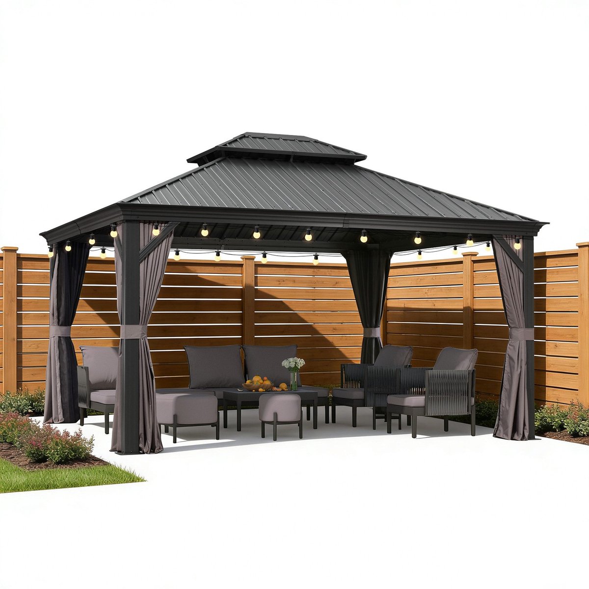 PURPLE LEAF Hardtop Aluminium Tuinpaviljoen – Dubbel dak – Hoogwaardige Gordijnen – Wind- en weerbestendig – Luxueus Grijs – Met Sfeerverlichting
