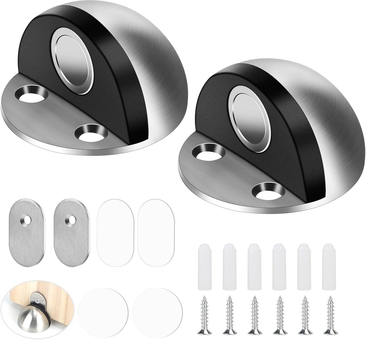 2 Pieces Magnetische Vloer Deurstoppers - RVS Deurstoppers met Stickers en Schroeven - Deurslot Magneten voor Wand- en Deurbescherming tegen Schade
