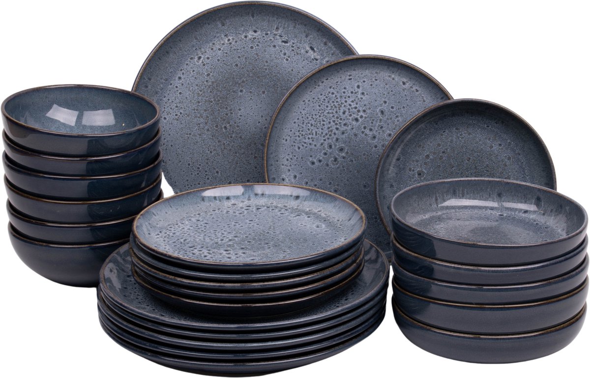 24 delige serviesset - 6 persoons - Amadora - blauw met aqua look - Portugees stoneware