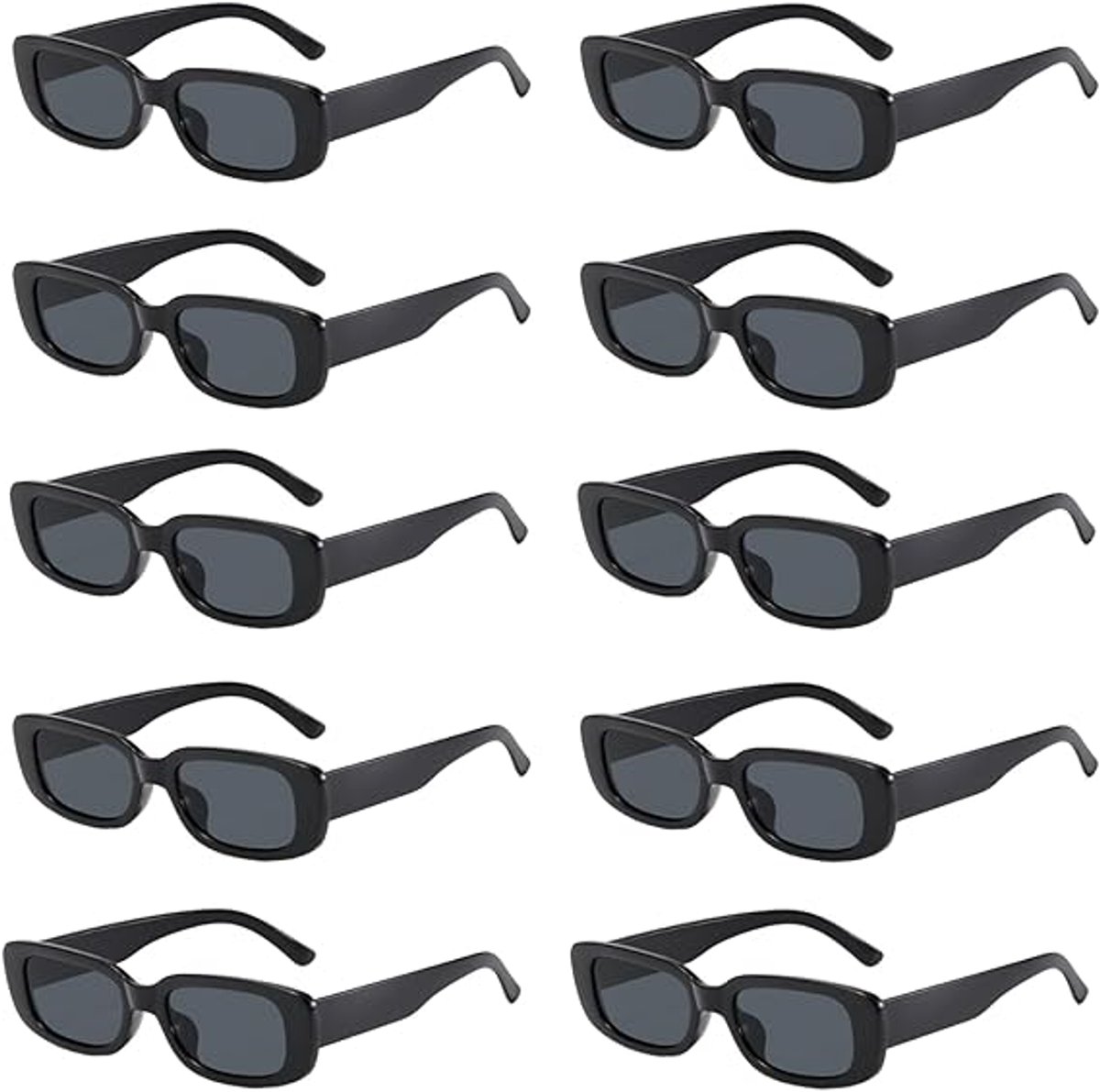 Set van 10 feestzonnebrillen, jaren 90-stijl, unisex, zwarte smalle rechthoekige zonnebrillen