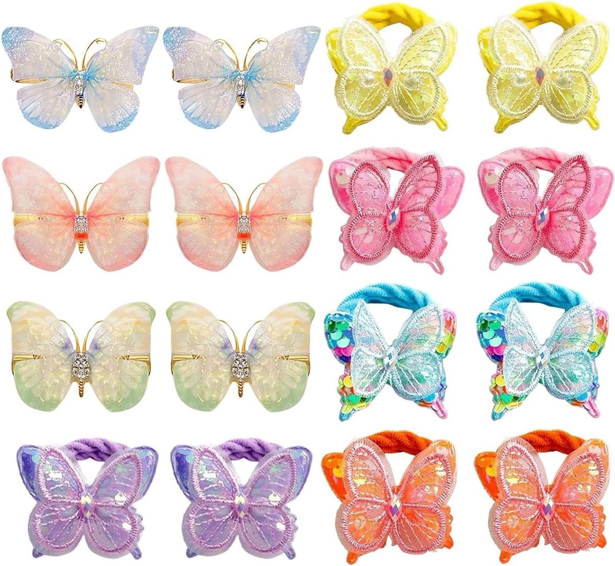 Schattige haaraccessoires voor meisjes: 10 vlinder haarspelden, 6 elastische haarringen en zachte clips voor een stijlvolle look.